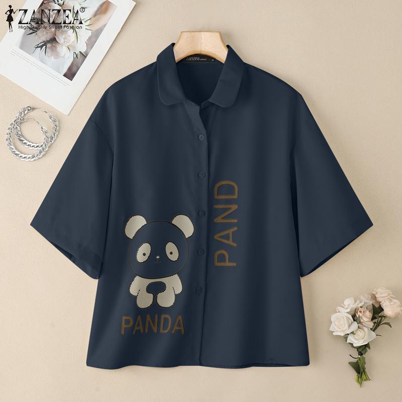 ZANZEA Women Turn Down Collar Summer Casual Short Sleeve Print Blouse