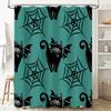 Halloween-Themed Shower Curtain With Black Cats And Spider Webs For Bathroom Decor In Turquoise Blue Color