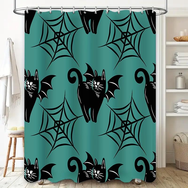 Halloween-Themed Shower Curtain With Black Cats And Spider Webs For Bathroom Decor In Turquoise Blue Color