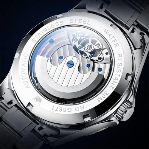 OLEVS Pánské automatické mechanické hodinky Starry Sky Dial Kožený řemínek Vodotěsné pánské hodinky Black