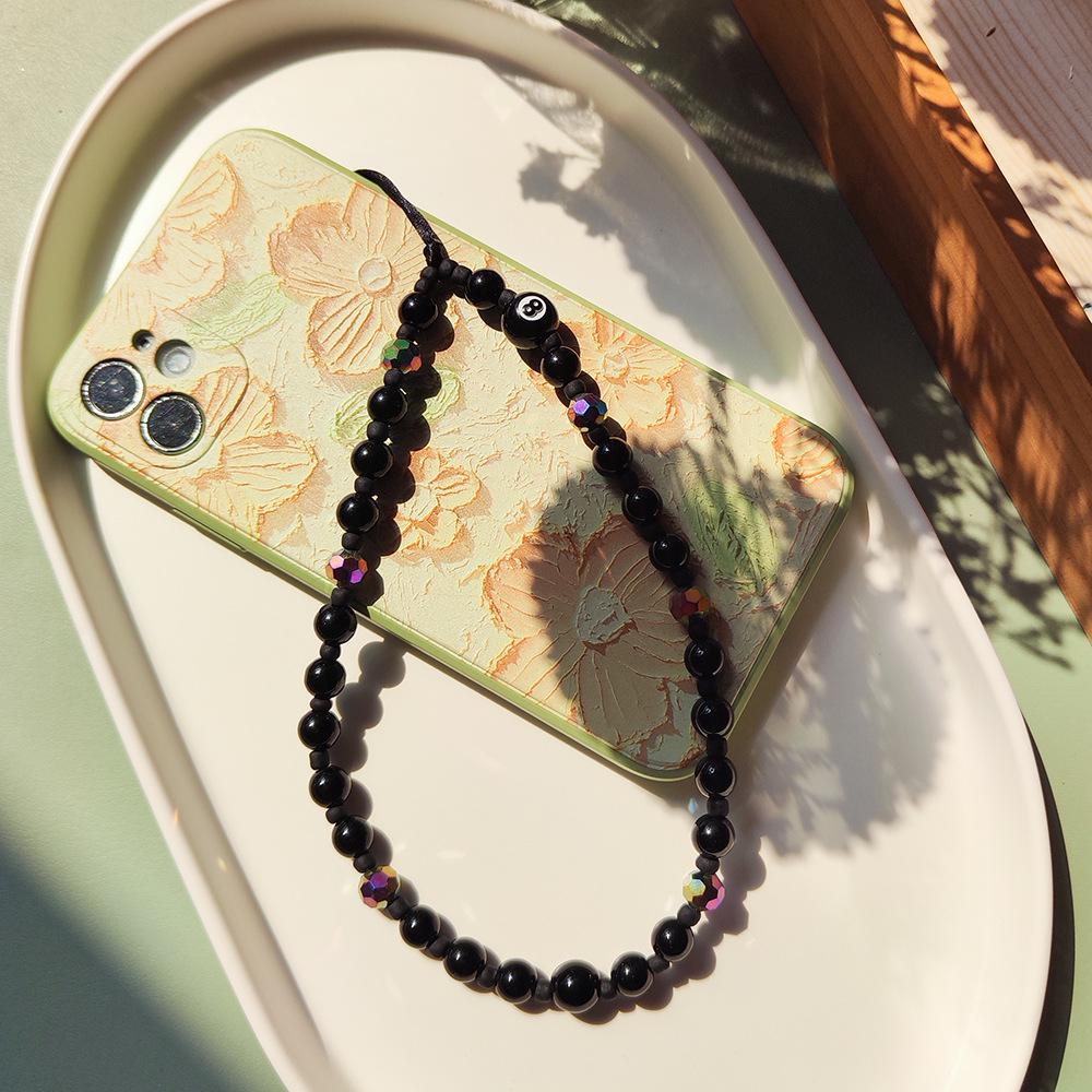 KKBEAD Snooker Number 8 Black Crystal Beaded Pendant Phone Lanyard