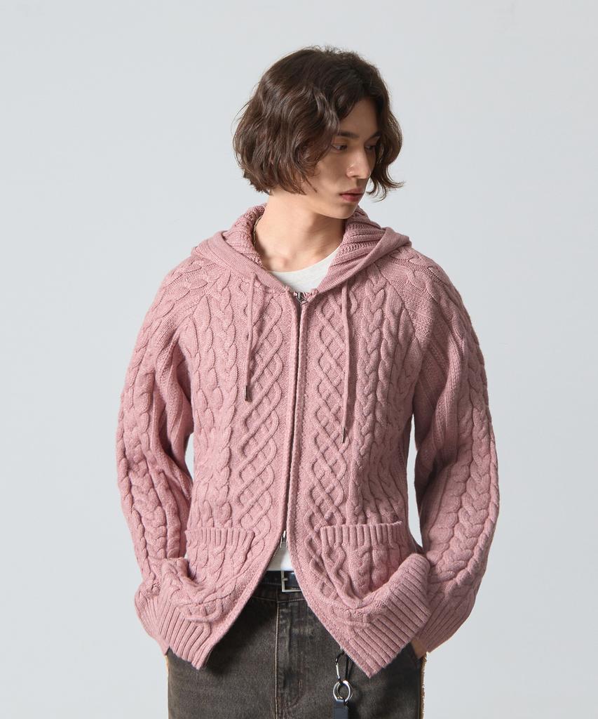 Dimiteulibeullaeg 2Way Heavyweight Cable Knit Zip-Up Hoodie_Dusty Pink