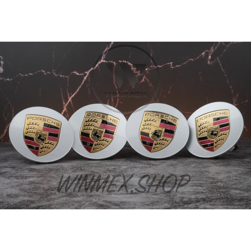 Set of 4 Silver Gold Porsche Logo Centre Alloy Wheel Caps 75mm