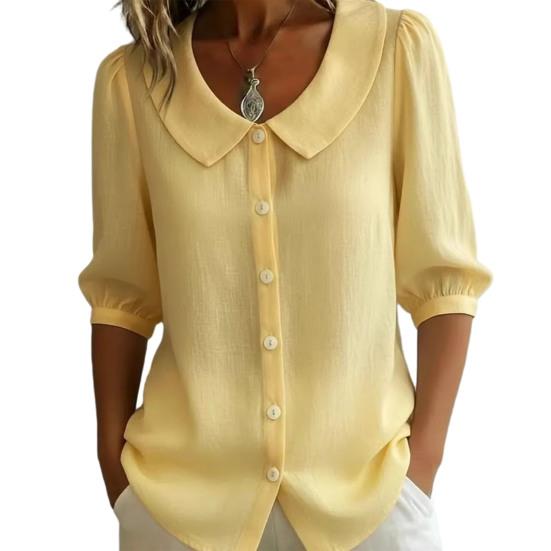 Women Tops Lapel Half Sleeve Buttons Placket Shirt Tops Pure Color Loose Fit Casual Style Shirt Home Dates Versatile Wear