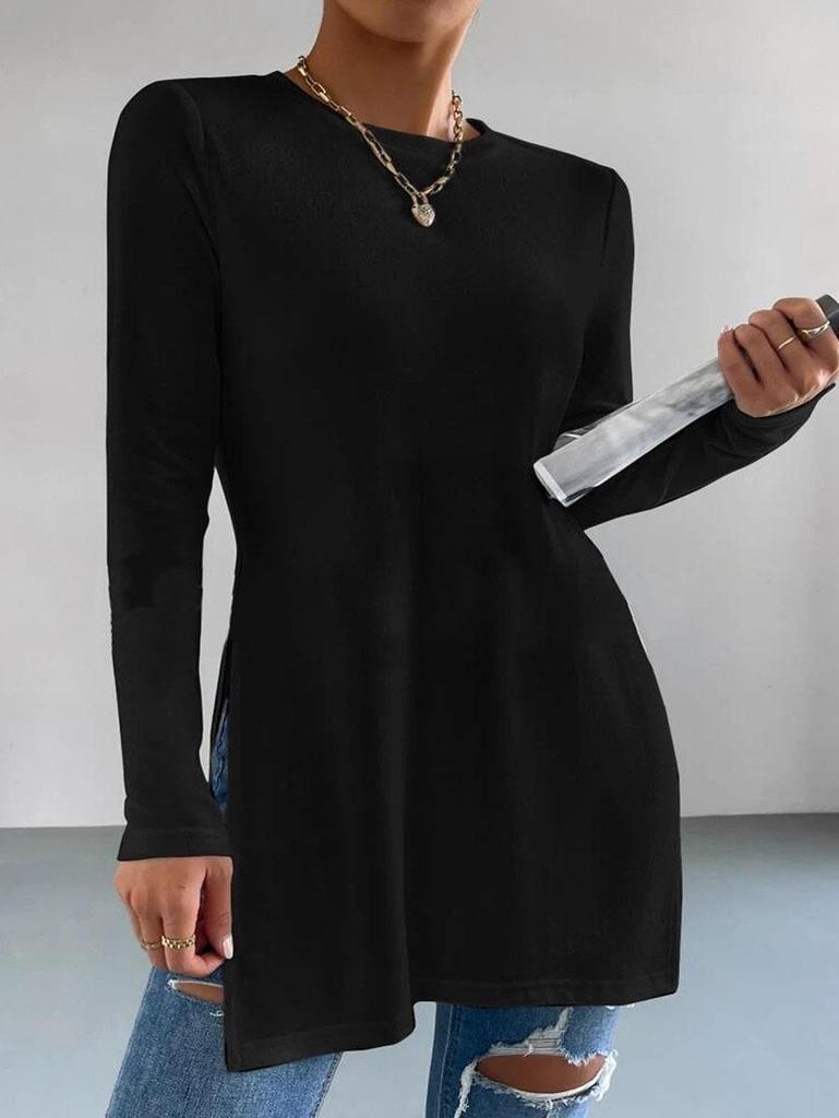 2024 Trendiges lässiges T-Shirt mit Rundhalsausschnitt und langen Ärmeln mit Seitenschlitzen - Unifarben für Herbst/Winter