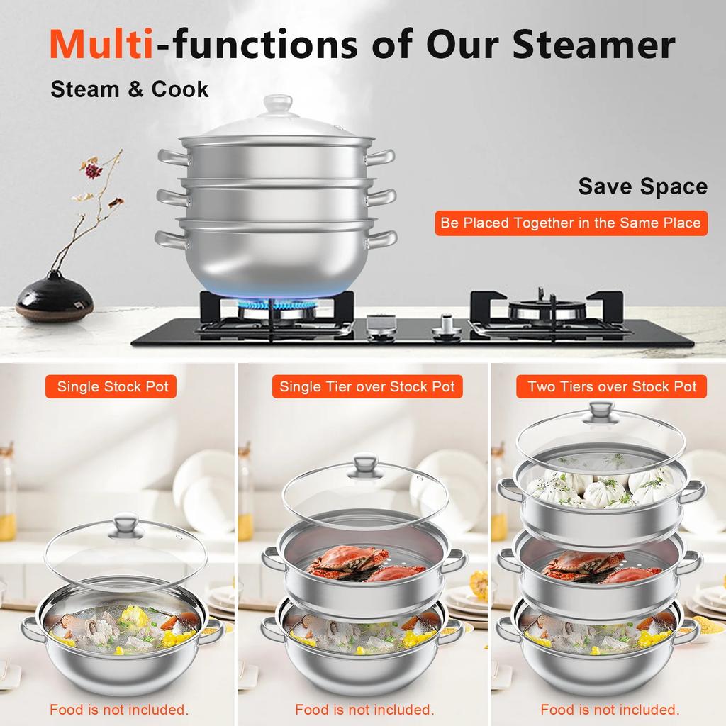 Steamer for Cooking, Stainless Steel Steamer Pot, Food Steamer 11'' Steam Pots with Lid 3-tier for Cooking Vegetables, Seafood