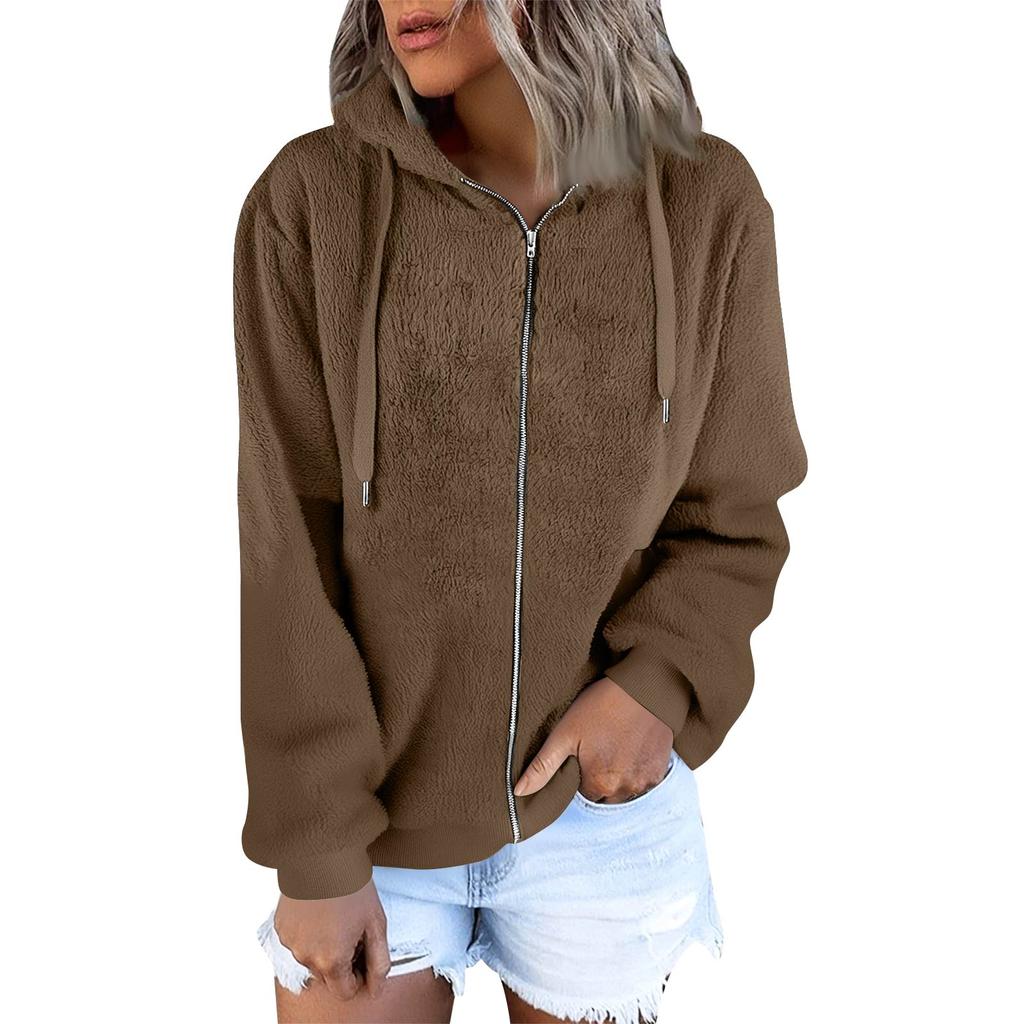 Felpa con cappuccio da donna alla moda calda in pile tinta unita con tasca con cerniera giacca casual