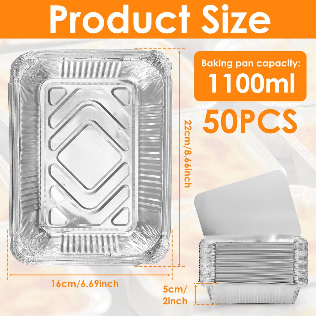 50set Aluminum Foil Pans with Lids Disposable Thickened Food Container BBQ Tray Non-Stick Packing Boxes Kitchen Baking Tool