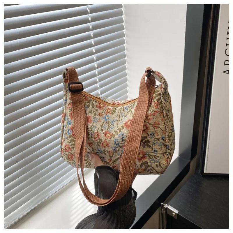 Chinese Style Vintage Print Underarm Bag Fashion Canvas Shoulder Bag Texture Temperament Crossbody Bags for Women Handbags