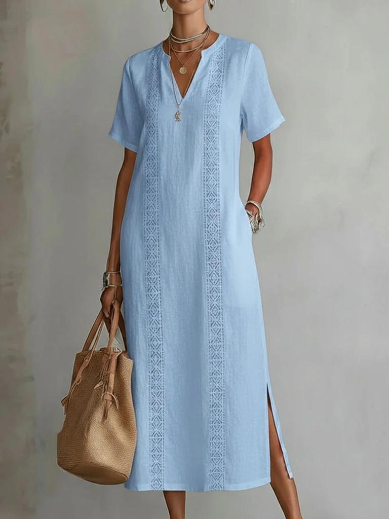Vintage Comfortable Hollow Lace V-Neck Loose Cotton Linen Dress for Women