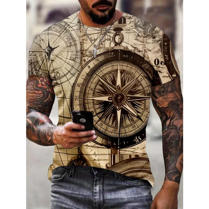 Herren T-Shirt 3D Vintage Kompass Muster 3D Druck T-Shirts Herren Damen Mode T-Shirt Hip Hop Oberteile Tees Outdoor Kleidung Männlich