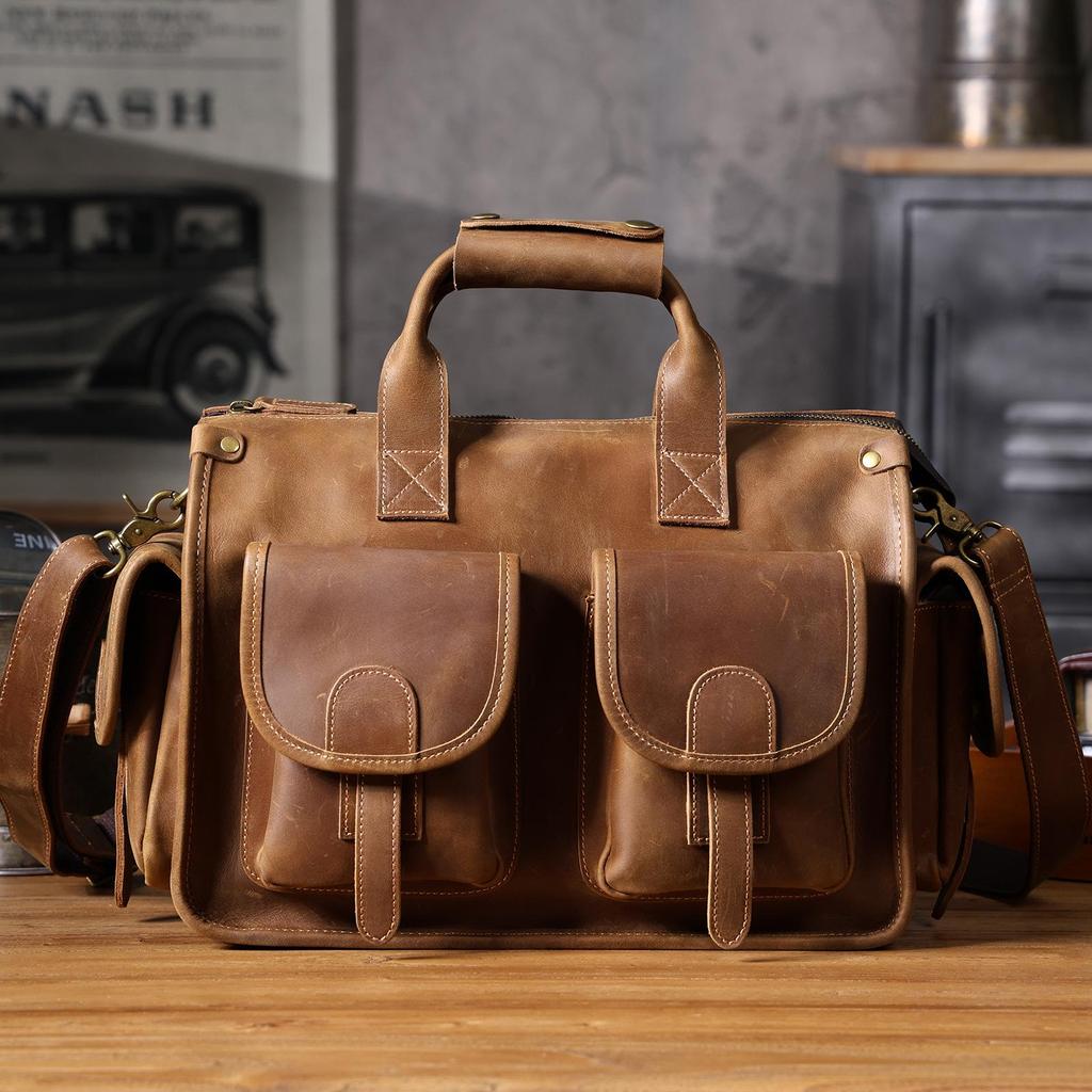 Men's Genuine Leather Crazy Horse Briefcase & Messenger Laptop Bag