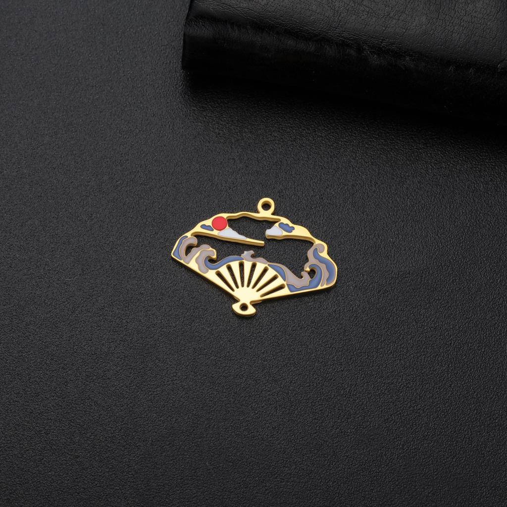 Teamer 5pcs/Lot Hollow Enamel Folding Fan Charms Stainless Steel Oriental Artistic Conception Pendant For Jewelry Making Hotsale