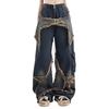 Men's Wide-Leg Retro Jeans with Pentagram Design - Distressed, Raw Edges, Big Pockets