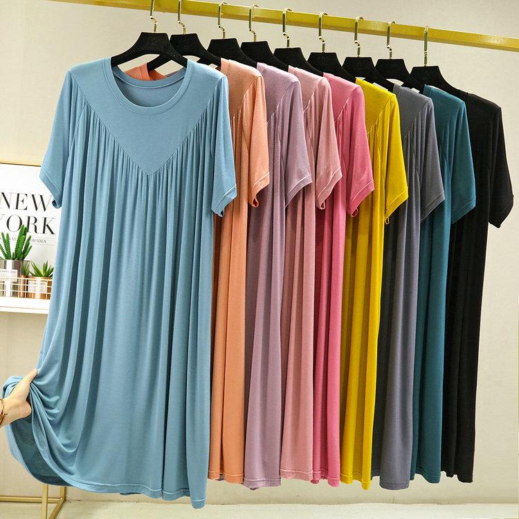 Summer Plus Size Modal V-Neck Pleated Dress - Casual Loose Short Sleeve Sleepwear
