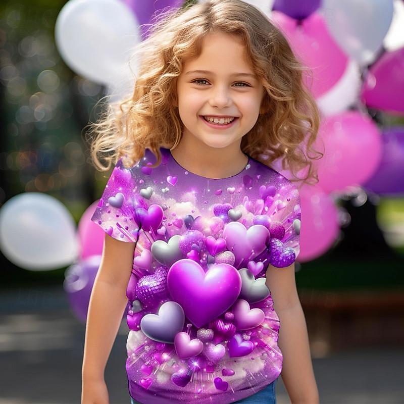 Valentines Girls' 3D Heart Tee Shirt Pink Short Sleeve 3D Print Summer Active Fashion Top
