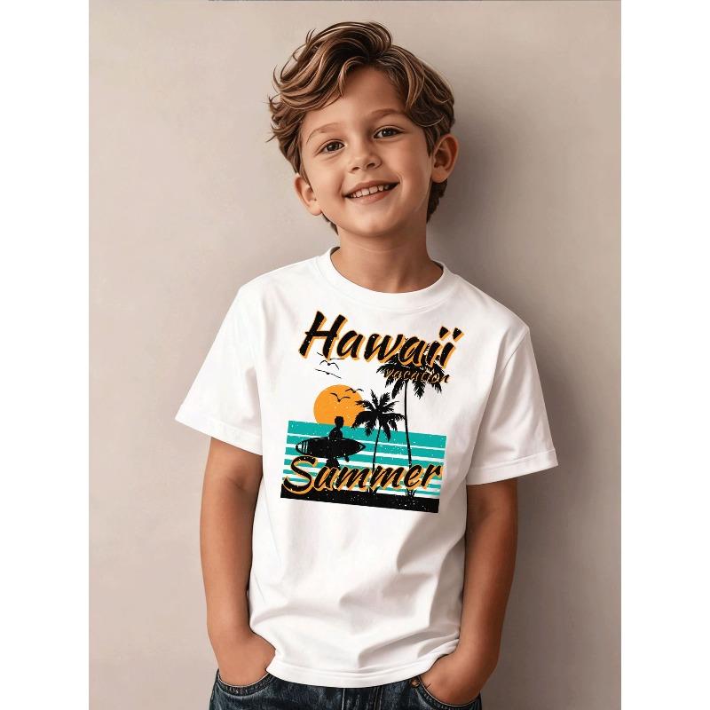 Boys Crew Neck Short Sleeve T-Shirt with Palm Tree & Sunset Print 110 белый