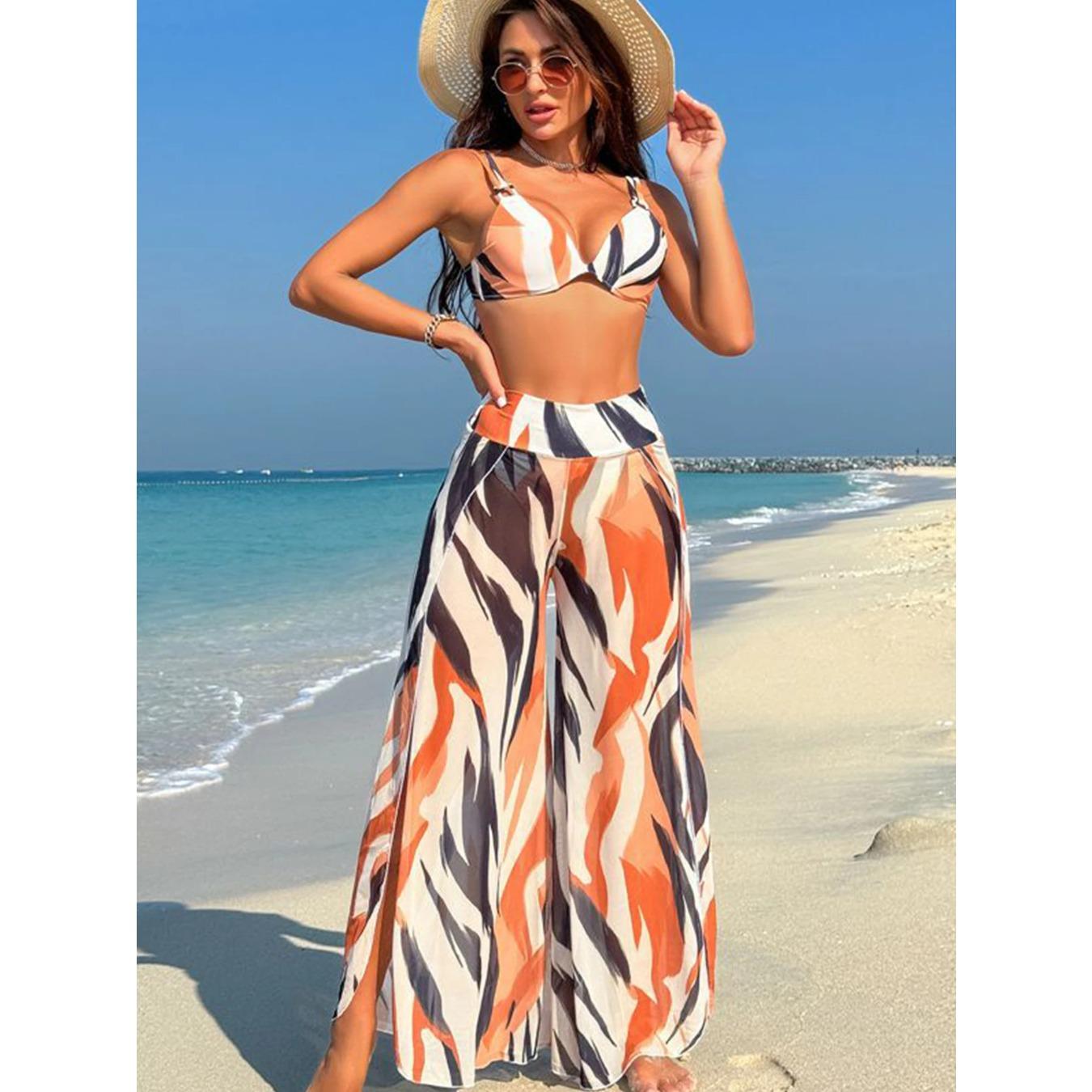 

2025 Новый сексуальный комплект бикини из трех частей, купальник для женщин, купальники и пляжные штаны с высоким разрезом, купальный костюм для женщин, пляжная одежда XL чёрный