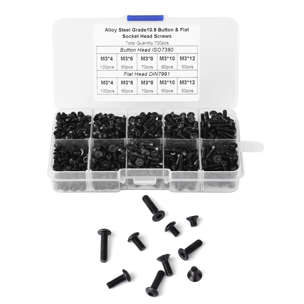 720pcs M3*4 6 8 10 12 Black Alloy Steel Flat Head Hex Socket Screws with Plastic Box