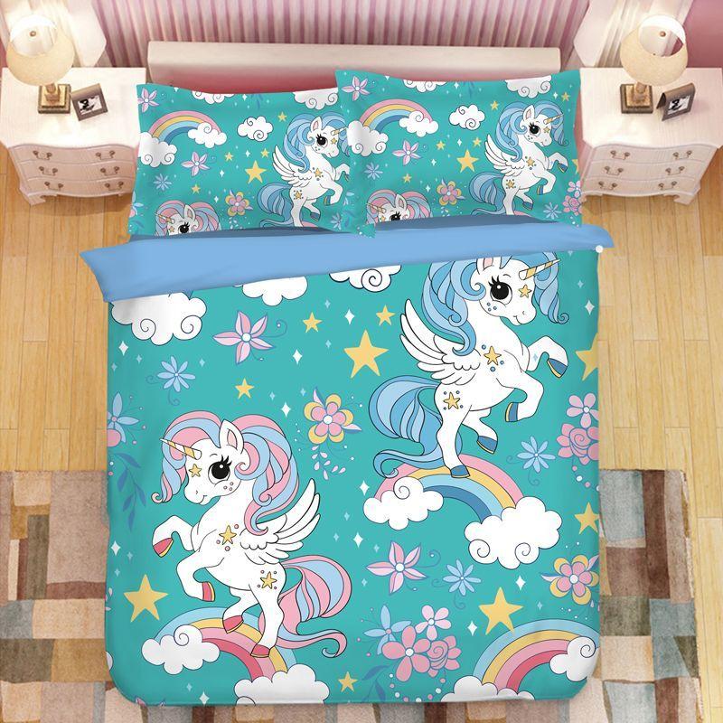 03 Rainbow Unicorn Bedding Set,Cartoon Unicorn Duvet Cover 3D Print,Children Boys Girls Quilt Cover Pillowcase King Queen Size
