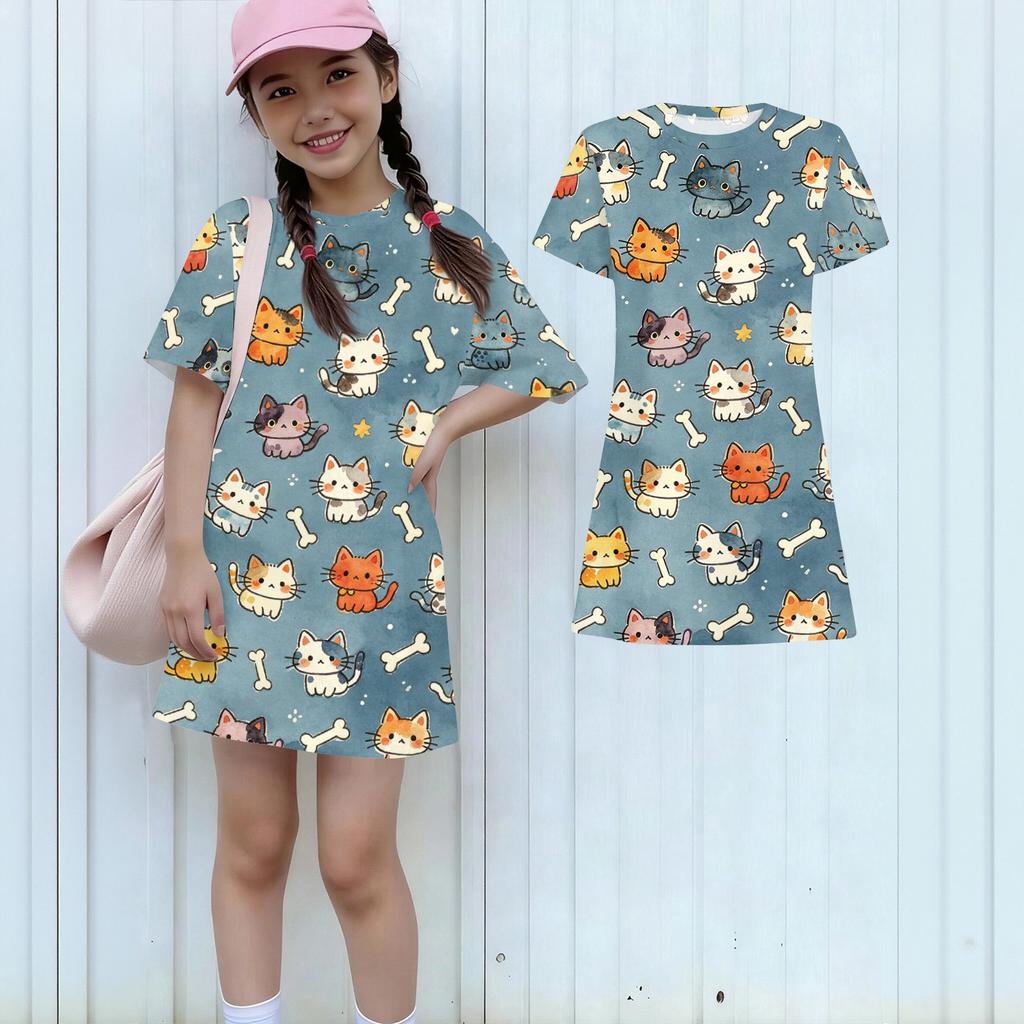 Girls Loose Fit Short Sleeve Dress Kids Round Neck Casual Lightweight Dress with Animal Print Suitable for Daily Wear and Outdoor Activities