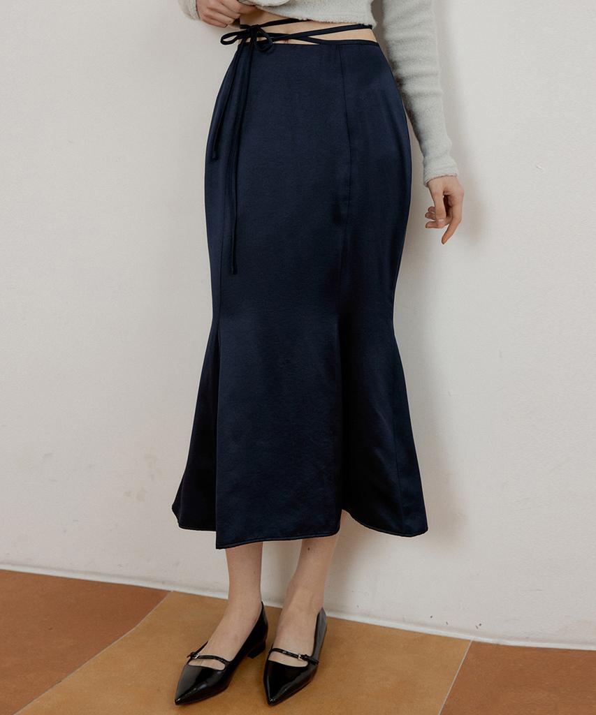 Riorg At Ribbon Waist Satin Flare Skirt Navy