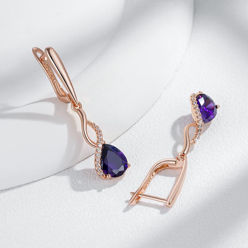 Shiny Purple Natural Zircon Long Dangle Earrings For Women  Rose Gold Color Vintage Ethnic Bride Daily Fine Jewelry