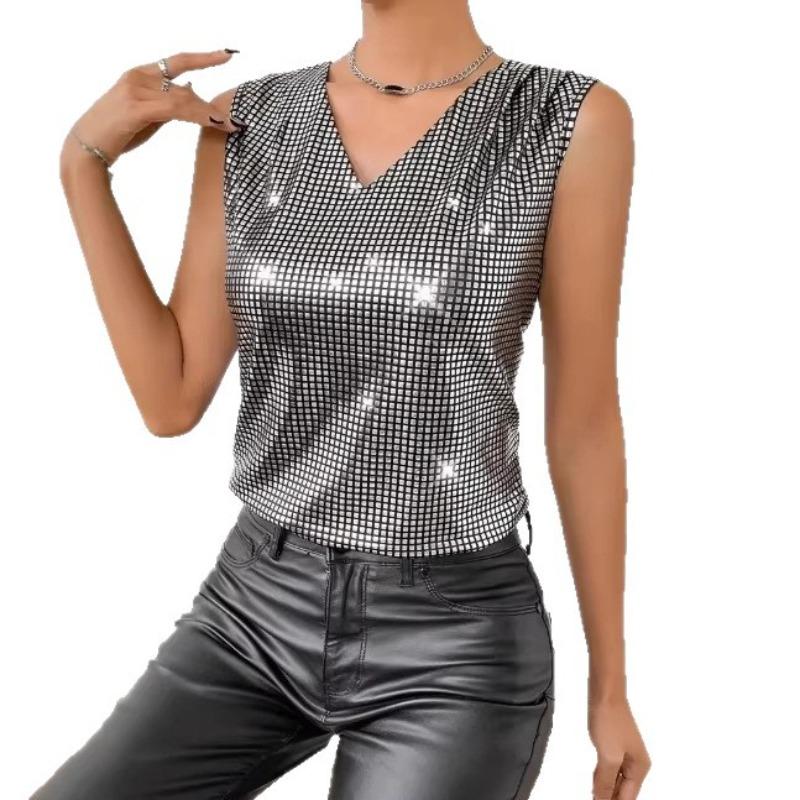 Summer new silver V-neck vest women's casual breathable sleeveless top