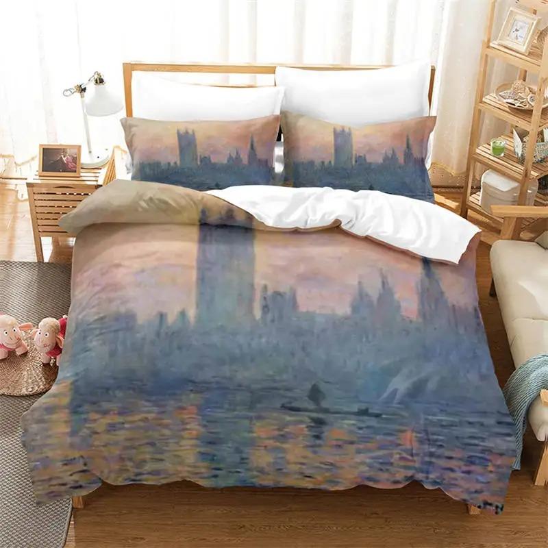 3D Artistic Bedding Set King Monet Van Gogh Style Sky Oil Painting Pattern Printed Duvet Cover With Pillowcases Hot Sale 3PCS