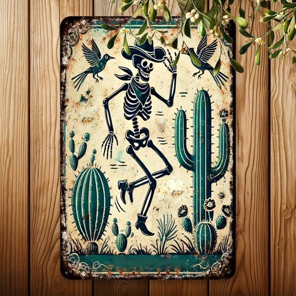 Vintage Western Cowboy Skeleton Parrot Tin Sign 8x12In Rustic Metal Wall Art Bar Cafe Decor