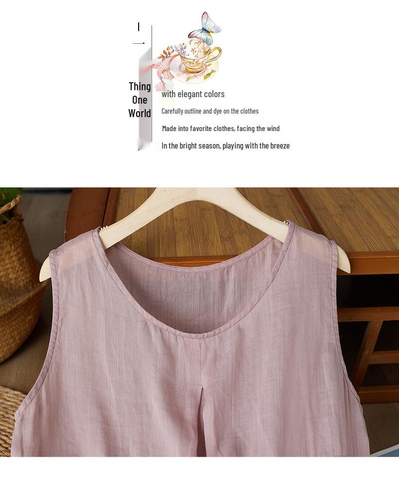 Retro Embroidered Sleeveless Ramie Top - Thin, Breathable, Versatile Summer Base Layer Vest for Women
