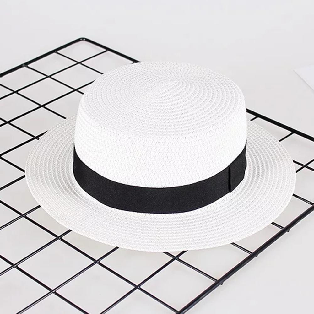 New Women's Hat Ribbon Straw Sun Hat Breathable Large Brim Beach Summer Boater Beach Ribbon Round Flat Top Hat For Women
