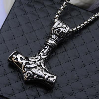 Stainless Steel Long Odin Triangle Knot Logo Thor Hammer Titanium Pendant Necklace