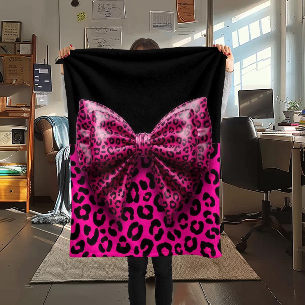 1Pc Pink&Black Bow Print Flannel Blanket, High quality Comfortable for All Seasons, Home Decor, Warmth and Comfort, Perfect for Christmas Gifts W28