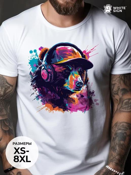 Oversized cotton T-shirt with Bear in Headphones print L