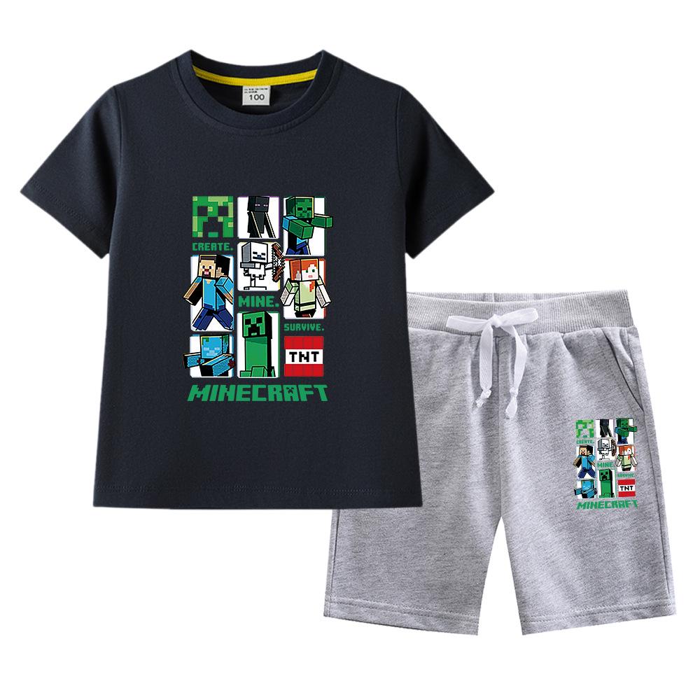 Minecraft Kids' Summer Outfit: Pure Cotton Short Sleeve T-Shirt & Shorts Set for Boys & Girls
