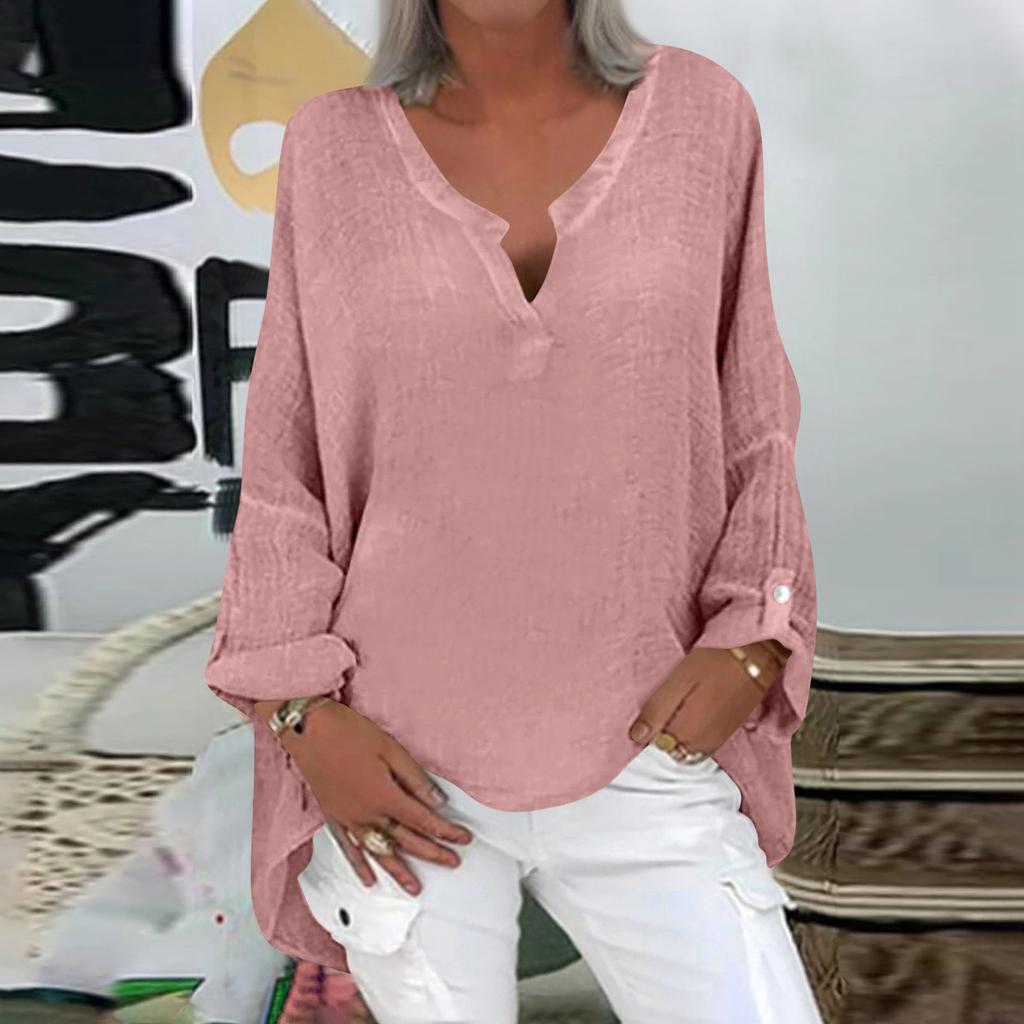 Women's Fashion Long Sleeve Cotton Linen Colour Casual V-Neck Blouse Top