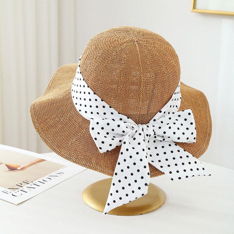 Korean Style Women's Straw Hat with Polka Dot Bowknot Curved Brim Hollow Breathable Fisherman Summer Hat