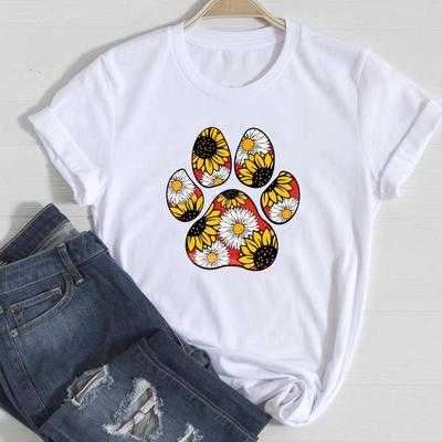 (Asian Size)Tee Top Fashion T Shirt Casual Paw Watercolor Floral Dog Cat Funny Women Clothing Print Lady Female Short Sleeve Graphic T-shirt