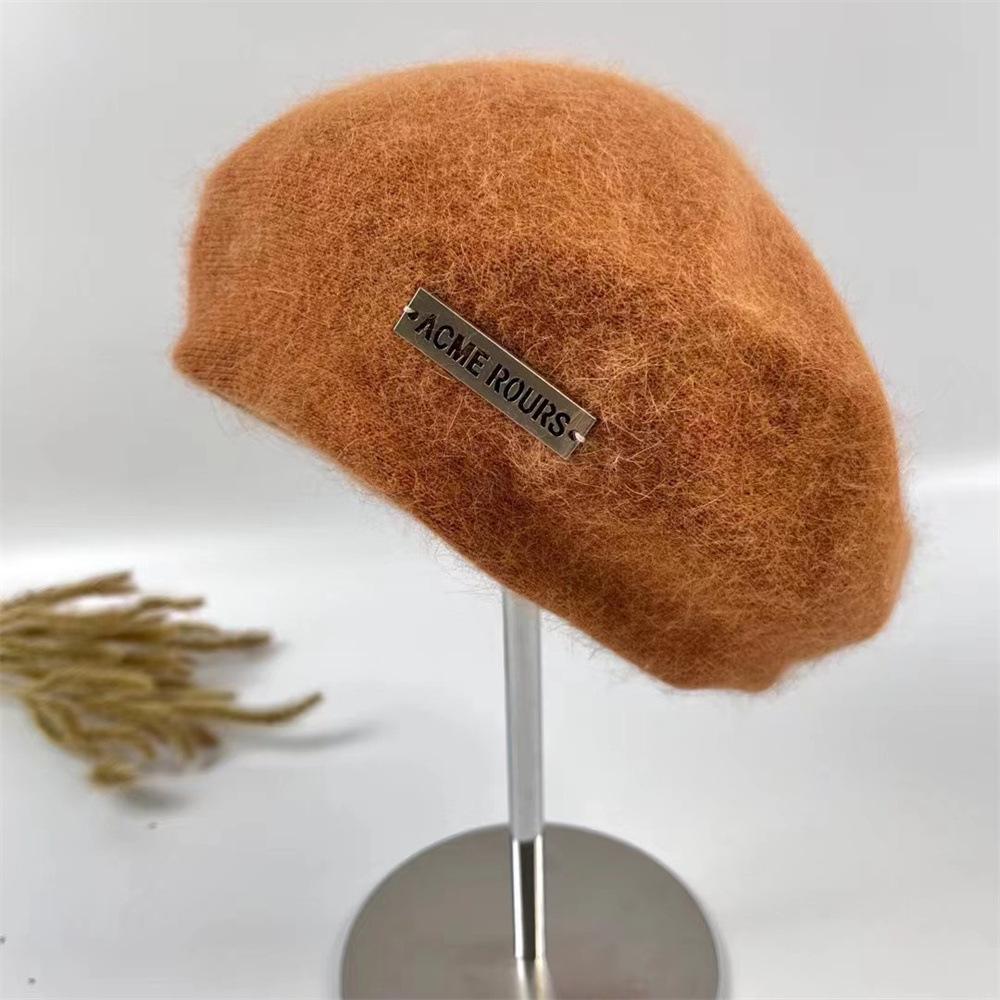 

Sweet beret female autumn and winter rabbit fur black painter hat warm shopping cute face small elastic hat circumference Adult (55-58cm) помаранчевий