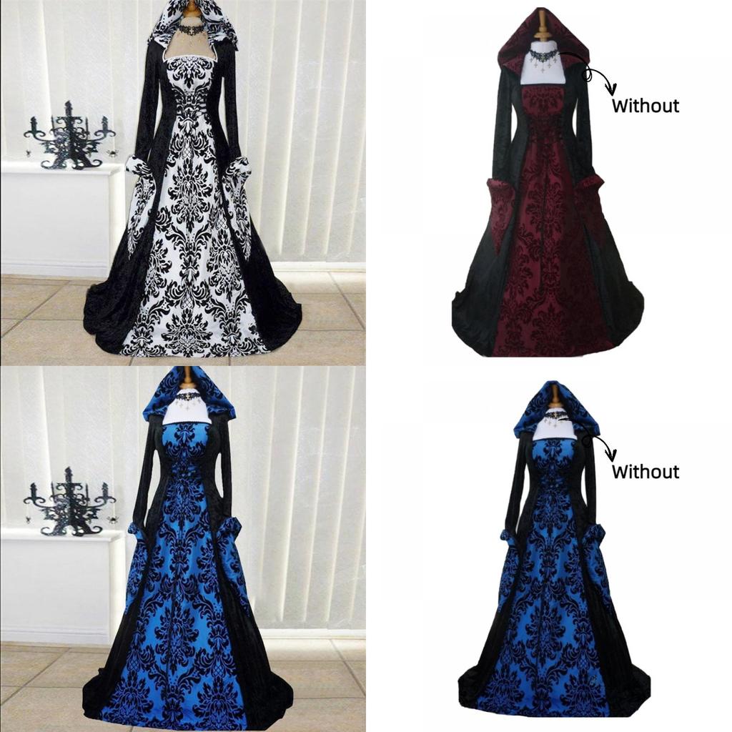 Stylish And Elegant European And American Women's Banquet Medieval Hooded Swing Dress With Floral Print Retro And Artistic Long Sleeves And Waist Tie
