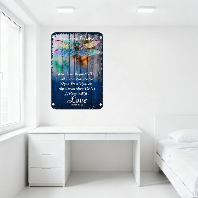 Vintage Metal Tin Sign with Dragonfly, 'May You Believe' Inspirational Quote, Weathered Wood Background Wall Decor for Home/Bar/