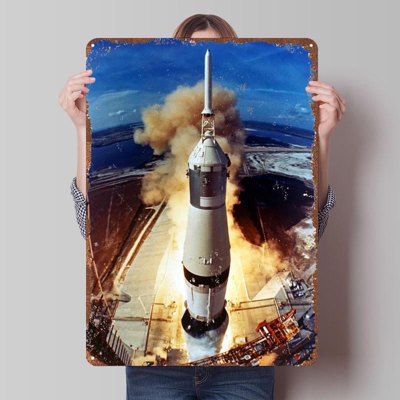 Saturn V Rocket Launch 1 Poster Nasa Space Tinplate Sign Wall Art Mural Customized Metal Signs for Home Room Wall Art Retro