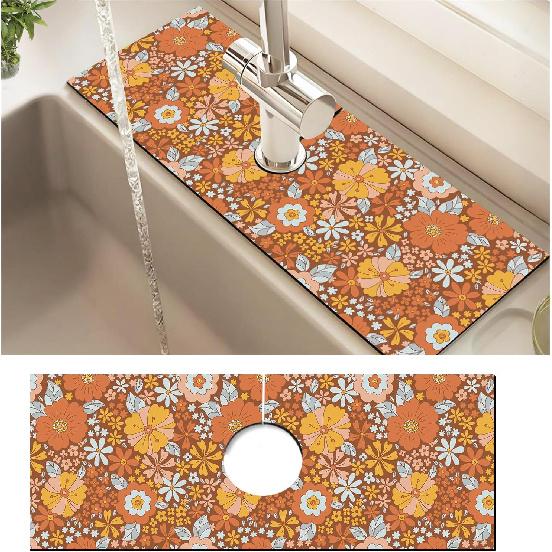 Absorbent Splash Guard Mat for Kitchen Sink, 15×5.5 Inch Cute Fast Drying Drip Catcher Behind Faucet Mat, Non-Slip, Washable Sink Mat Gadgets for