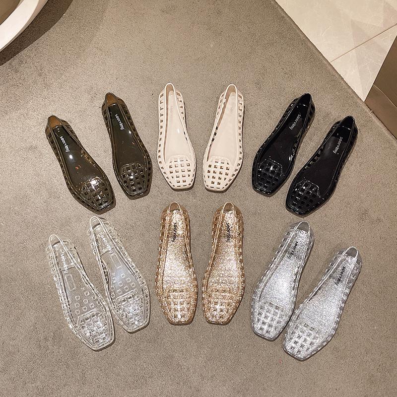 Korean-Style Low-Cut Crystal Flat Sandals & Slip-On Jelly Shoes with Square Toe