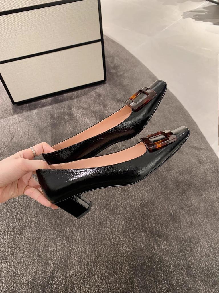 Cowhide Version~ Classic, Elegant, Light Mouth Temperament, Square Head, Thin and Versatile, Thick Heel, Square Buckle, Single Shoes for Women