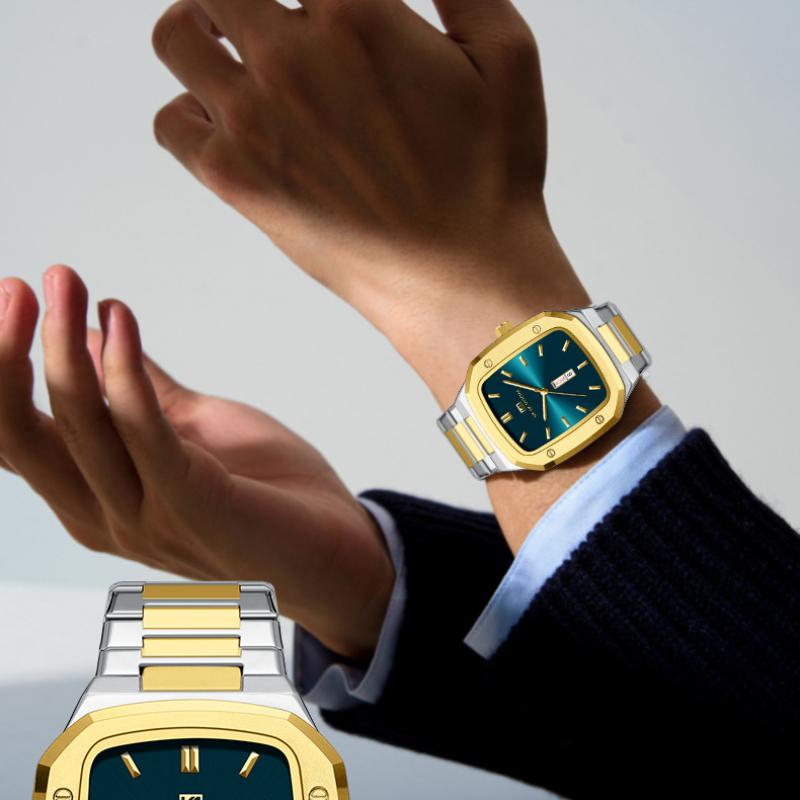 VA VA VOOM Business Rectangle Dial Waterproof Creative Dual Calendar Steel Strap Men's Watch