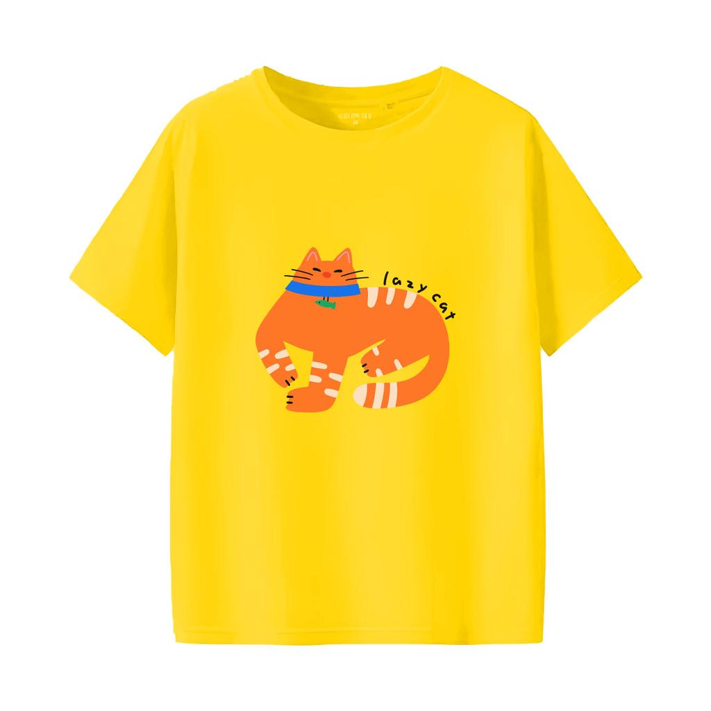 Cartoon-orange Katze bedrucktes kurzärmeliges Rundhals-Damen-T-Shirt für Frühling und Sommer vielseitiges Damen-T-Shirt