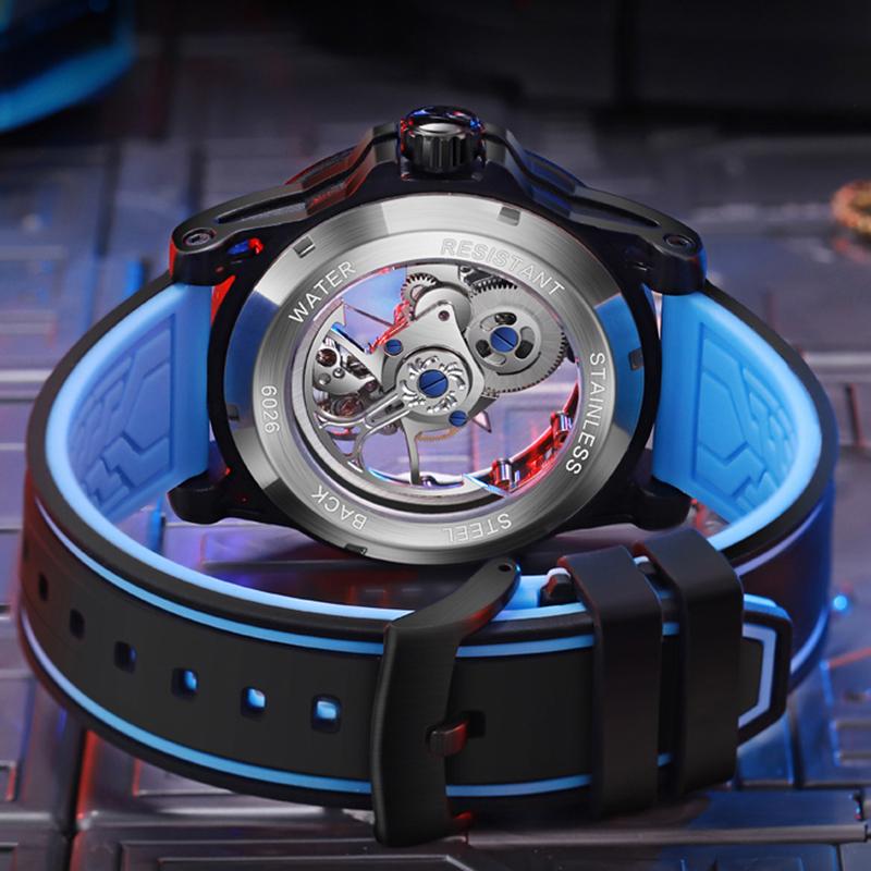 MUSANFIGO double-sided hollow men's fully automatic watch, silicone strap, mechanical movement men's night light waterproof fash