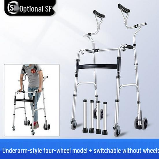 Aluminum Alloy Folding Walker with Wheels, Underarm Crutches, and Seat Cushion for Elderly Rehabilitation.